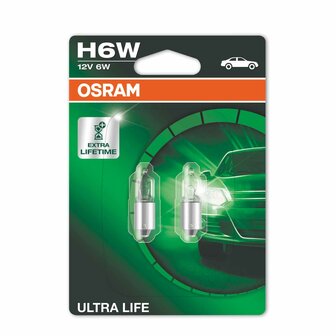 Osram Halogeenlamp H6W 12V 6W Ultra Life BAX9s 2 Stuks